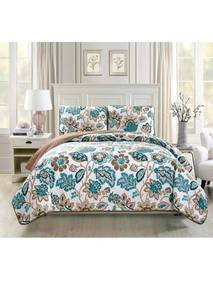lot 15776 image: Mk Collection 3pc Bedspread Coverlet Quilted Floral Off White Green Brown KingCalifornia King Over Size 118 x 95 #Venice New