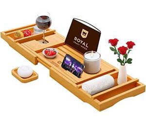 lot 18557 image: Bamboo Bathtub Tray Caddy - Expandable Bath Tray - Adjustable Organizer Tray for Bathroom - Luxury Bath Caddy Tub Table(Natural) missing 1 tray