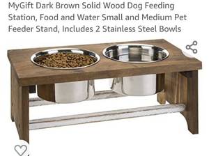 lot 18578 image: MyGift Dark Brown Solid Wood Dog Feeding Station, Food and Water Small and Medium Pet Feeder Stand, Includes 2 Stainless Steel Bowls