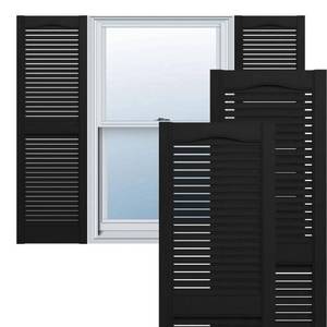 lot 6824 image: 14 12W x 72H Lifetime Vinyl, Standard Cathedral Top Center Mullion, Open Louver Shutters, wInstallation Shutter-Loks & Matching Screws (Per Pair), Black