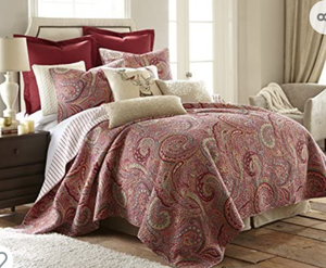 lot 6836 image: Levtex Home Spruce Red Quilt Set - FullQueen Quilt  Two Standard Pillow Shams - Paisley Pattern in Burgundy, Red, Tan, Grey -Quilt Size (88 x 92) and Pillow Sham Size (26 x 20)- Reversible -Cotton