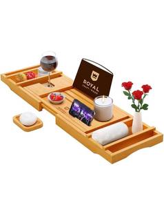 lot 13763 image: Luxury Bathtub Caddy Tray, 1 or 2 Person Bath and Bed Tray, Bath Tub Table Caddy with Extending Sides - Free Soap Dish (Natural)