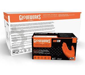 lot 13767 image: Pack of 100 - Size XL GLOVEWORKS HD Orange Nitrile Disposable Gloves, 8 Mil, Latex and Powder Free, Industrial, Food Safe, Raised Diamond Texture