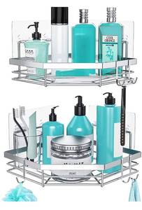 lot 13776 image: Corner Shower Caddy, No Drilling Adhesive Shower Organizer, Rustproof SUS304 Stainless Steel Shower Shelf with Hooks, Shower Rack for Bathroom Storage, 2 Pack, Silver