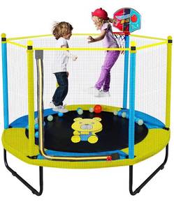 lot 13796 image: 60 Trampoline for Kids, 5FT Indoor Outdoor Trampoline with Enclosure Net, Mini Baby Toddler Trampoline with Basketball Hoop, Recreational Trampolines Birthday Gifts for Children.