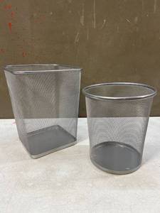 lot 13797 image: Zuvo Metal Wire Mesh Waste Baskets Garbage Trash Can for Office Home Bedroom (2, Silver) Round is 11 Tall and Square is 14 Tall