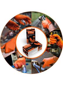 lot 14590 image: 100 Qty XL GLOVEWORKS HD Orange Nitrile Disposable Gloves, 8 Mil, Latex and Powder Free, Industrial, Food Safe, Raised Diamond Texture