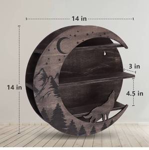 lot 14593 image: Wood Crescent Moon Shelf with Howling Wolf, Crescent Moon Shelf Dcor, Hanging Display for Crystals and Stones, Beautiful Design, Crystal Shelf for Home, Bedroom, Wall