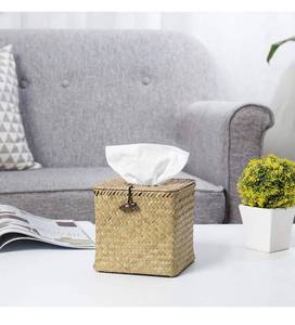 lot 14596 image: MyGift Natural Seagrass Tissue Box Cover Square Decorative Tissue Box Holder with Hinged Top Lid