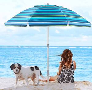 lot 15790 image: wikiwiki 6.5FT Beach Umbrella for Sand, Portable SPF50 Protection Sunshade Umbrella with Sand Anchor, Push Button Tilt, Carry Bag for Patio Outdoor Garden Beach (Stripe Blue and Green)