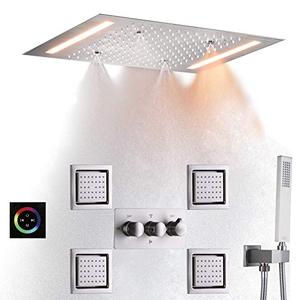 lot 36924 image: DULABRAHE Luxury Rainfall Shower System Set Ceil Mounted 14 X 20 Inch Rectangular Atomizing Rain Shower Head Faucet With LED Control Touch Panel Spa Bath Shower Body Combo Jets Brushed Nickel