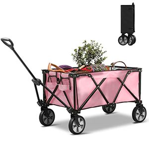 lot 36934 image: Joyside Collapsible Folding Wagon Cart Foldable Heavy Duty Collapsible Utility Wagon Cart with Wheels for Outdoor Camping, Adjustable Handle Foldable Wagon, Storage Bag and Net Included, Pink Wagon