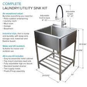 lot 36903 image: Stainless Steel Deep Metal Sink with Rack And Faucet