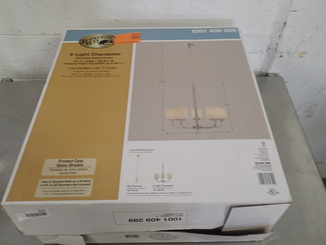 lot 3015 image: Hampton Bay 5 Light Chandelier Brushed Nickel Frosted Opal Shades