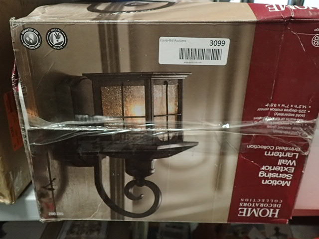 lot 3099 image: Home Decorators Brimfield 180-Degree 1-Light Outdoor Aged Iron Motion-Sensing Wall Lantern