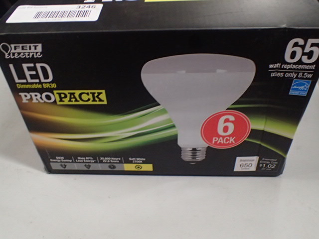 lot 3246 image: Feit Electric BR30 8.5W (65W) Soft White Dimmable LED Light Bulb (6-Pack)