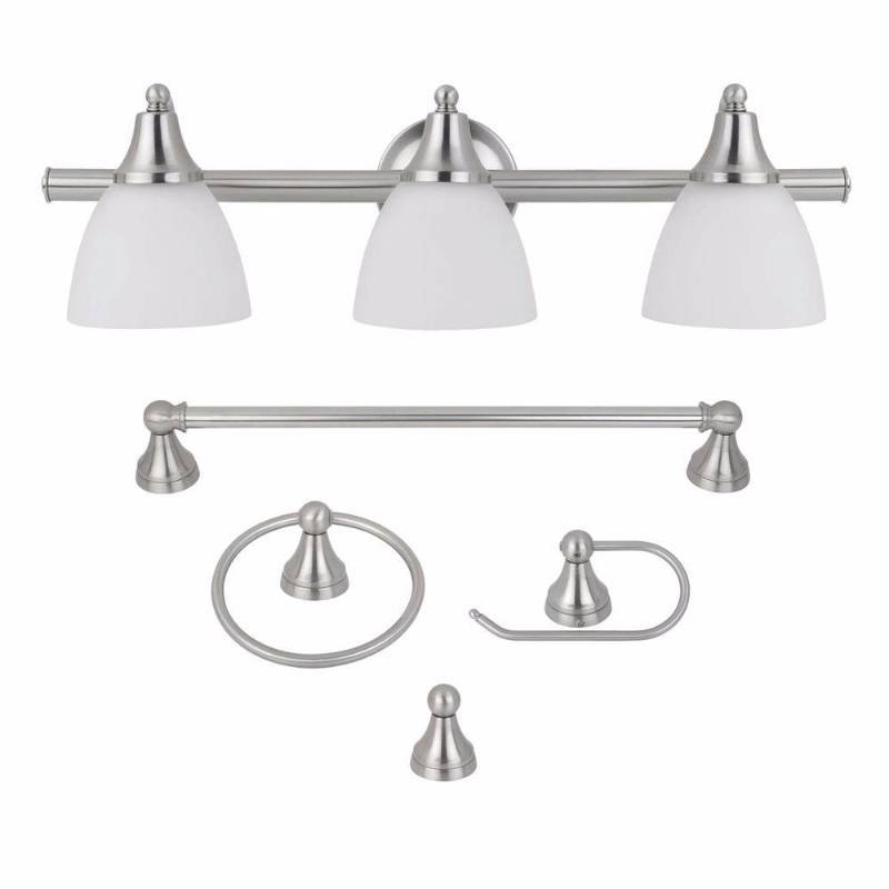 lot 3068 image: Globe Electric Exclusive Estoril 3-Light Brushed Steel All-in-One Vanity Bath Light Set with Frosted Glass
