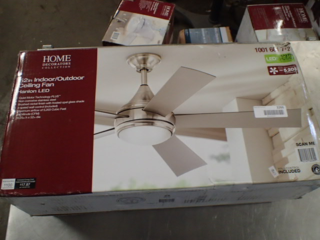 lot 3266 image: Home Decorators Collection Hanlon 52 in. LED IndoorOutdoor Stainless Steel Brushed Nickel Ceiling Fan