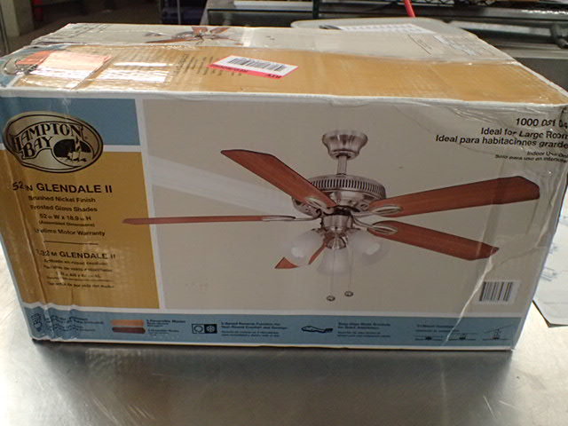 lot 3304 image: Hampton Bay 52in Glendale II Brushed Nickel Finish Frosted Glass Shades Ceiling Fan