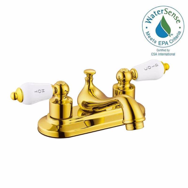 lot 3356 image: Glacier Bay Teapot 4 in. Centerset 2-Handle Low-Arc Bathroom Faucet in Polished Brass