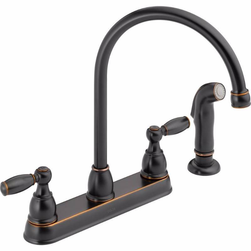 lot 3351 image: Delta Foundations 2-Handle Standard Kitchen Faucet with Side Sprayer in Oil-Rubbed Bronze