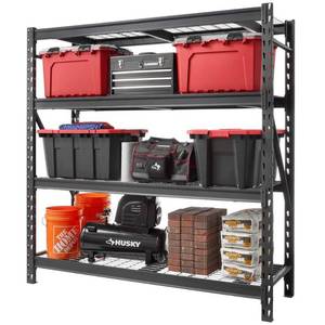 lot 7326 image: Husky 4-Tier Heavy Duty Industrial Welded Steel Garage Storage Shelving Unit in Black (77 in. W x 78 in. H x 24 in. D)