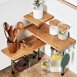 lot 10551 image: HYNAWIN 3 Tier Corner Shelf Bamboo & Metal Storage Spice Rack-Desk Bookshelf Display Shelves Space Saving Organizer -Adjustable Rack for Kitchen,Bedroom, Office-Creative Home D�cor with Hooks