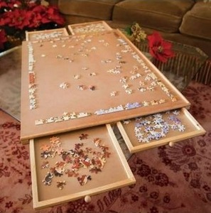 lot 10561 image: Wooden Puzzle Plateau-Smooth Fiberboard Work Surface - Four Sliding Drawers Complete This Puzzle Storage System