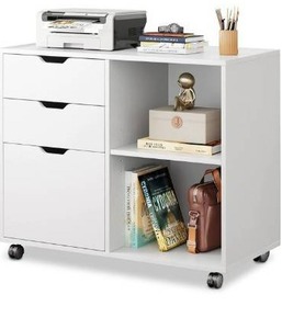 lot 10562 image: DEVAISE 3-Drawer Wood File Cabinet, Mobile Lateral Filing Cabinet, Printer Stand with Open Storage Shelves for Home Office, White