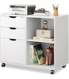 lot 10563 image: DEVAISE 3-Drawer Wood File Cabinet, Mobile Lateral Filing Cabinet, Printer Stand with Open Storage Shelves for Home Office, White