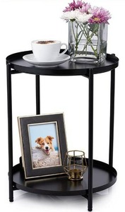 lot 10578 image: LIBERITE Black Folding End Table 2-Tier Metal Round Side Table with Removable Tray for Living Room Bedroom Outdoor and Office (Black) (16.7��Dx21��H)