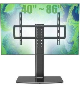 lot 10649 image: Universal TV Stand Base Tabletop TV Stand with Wall Mount for 40 to 86 inch 5 Level Height Adjustable, Heavy Duty Tempered Glass Base, Holds up to 132lbs Screens, HT03B-003