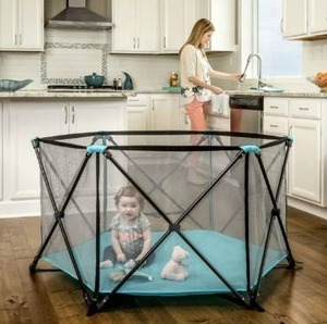 lot 10651 image: Regalo My Portable Play Yard Indoor and Outdoor, Washable, Aqua, 6-Panel