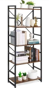 lot 10652 image: Haton Bookshelf, 5 Tier Industrial Rustic Wood Bookcase, Modern Standing Metal Frame Book Shelf for Living Room, Bedroom and Office, 5-Shelf, BrownBlack