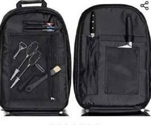 lot 10666 image: Brooklyn Knives Chef Backpack with 20 Knife Pockets, Plus Honing Steel Slide, 4 Pen or Tasting Spoon Slots, Mesh Zippered Tool Pouch and Back Pocket for Tablet or Notebook  Ultimate Chef Knives Bag