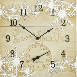 lot 10667 image: Taylor Precision Products 14 x 14 Tis The Season to Sparkle Clock with Thermometer, Multicolored