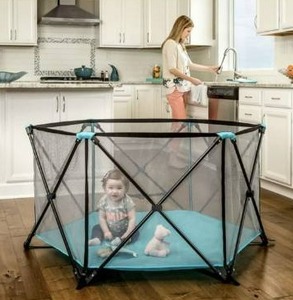 lot 10676 image: Regalo My Portable Play Yard Indoor and Outdoor, Washable, Aqua, 6-Panel
