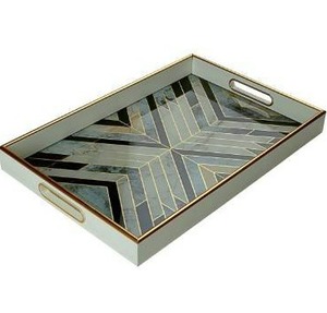 lot 10682 image: Serving Tray ��Coffee Table Tray ��Elegant Decorative Tray ��PS and Printed Glass Table Tray ��Practical and Sturdy Design ��Easy to Clean and Washable(White and Black,17.71x11.81x1.8 inches)