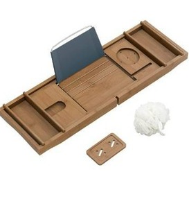 lot 10684 image: Domax Bathtub Caddy Tray Expandable Bamboo Bath Tub Tray for Luxury Bath with Book Holder Free Soap Dish Brown
