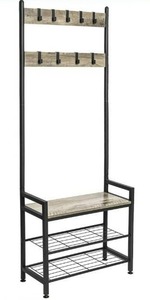 lot 10690 image: Ballucci Coat Stand, Shoe Rack Bench with 9 Adjustable Metal Hooks, Entryway Hall Tree Storage Shelf Organizer, Wood with Black Steel Frame - Rustic Gray