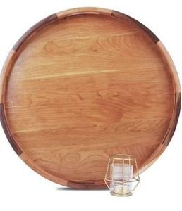 lot 10698 image: MAGIGO 20 Inches Large Round Cherry Wood Ottoman Tray with Handles, Serve Tea, Coffee or Breakfast in Bed, Classic Circular Wooden Decorative Serving Tray