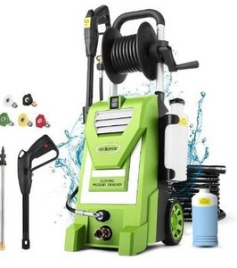 lot 10702 image: Pressure Washer mrliance Electric Power Washer 1800W High Pressure Washer MR3000 Professional Car Washer with Hose Reel, 5 Nozzles, Soap Bottle for Cleaning Houses Driveways Fences Garden (Green)