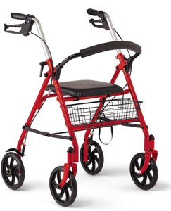 lot 10725 image: Medline Steel Rollator Walker with 8 Inch Wheels, Folding Rolling Walker, Adjustable Arms, Supports 300 lbs, Red