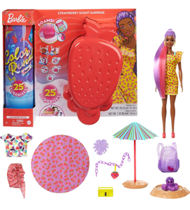 lot 10733 image: Barbie Color Reveal Foam Doll & Pet Friend with 25 Surprises Scented Bubbles, Outfits, Hair Extension, Kid Bracelet & Charm Hidden in Sand Sunny Strawberry-Theme Gift for Kids 3 Years & Older