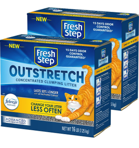 lot 10734 image: Fresh Step Outstretch Advanced Concentrated Clumping Litter with Febreeze Freshness, Lasts 50% Longer, Activated Carbon, 32 Pounds total (1 Pack of 16 lb Box)