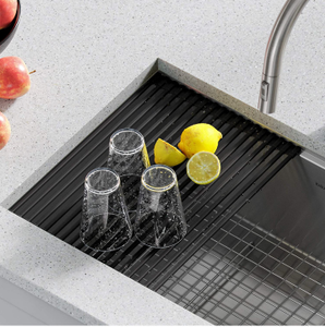 lot 10743 image: Kraus KRM-11BL Multipurpose Over Sink Roll-Up Dish Drying Rack, Matte Black,16 78 in. x 12 in.
