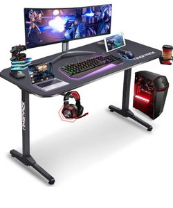 lot 10744 image: Kingrack 140 CM T-Shaped Gaming Desk,Gaming PC Desk, Large Gamer Tables, Writing Table,Computer Workstation With Free gaming handle rack, Full Mouse Pad, Cup Holder, Headphone Hook, Black WK920008
