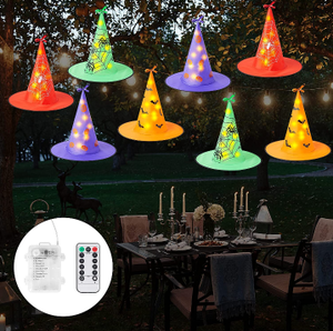 lot 10750 image: Halloween Decorations 8 Pcs LED Glowing Witch Hat Decor Hanging Lighted Glowing Witch Hat Flash Modes for Indoor, Outdoor, Yard, Tree, Party