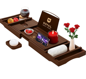 lot 10766 image: ROYAL CRAFT WOOD Luxury Bathtub Caddy Tray, 1 or 2 Person Bath and Bed Tray, Bath Tub Table Caddy with Extending Sides, Adjustable Organizer Tray for Bathroom - Free Soap Dish (Brown