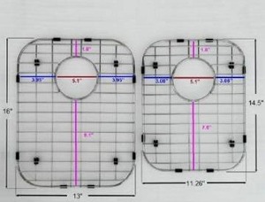 lot 10821 image: ABA Stainless Steel Bottom Grids for Kitchen Sink with Vinyl feet and Protective Bumpers - Metal Double Sink Grate Protector with Rear Drain, Set of 2 Grids, Big 16x13, Small 14,5 x11,26 inch